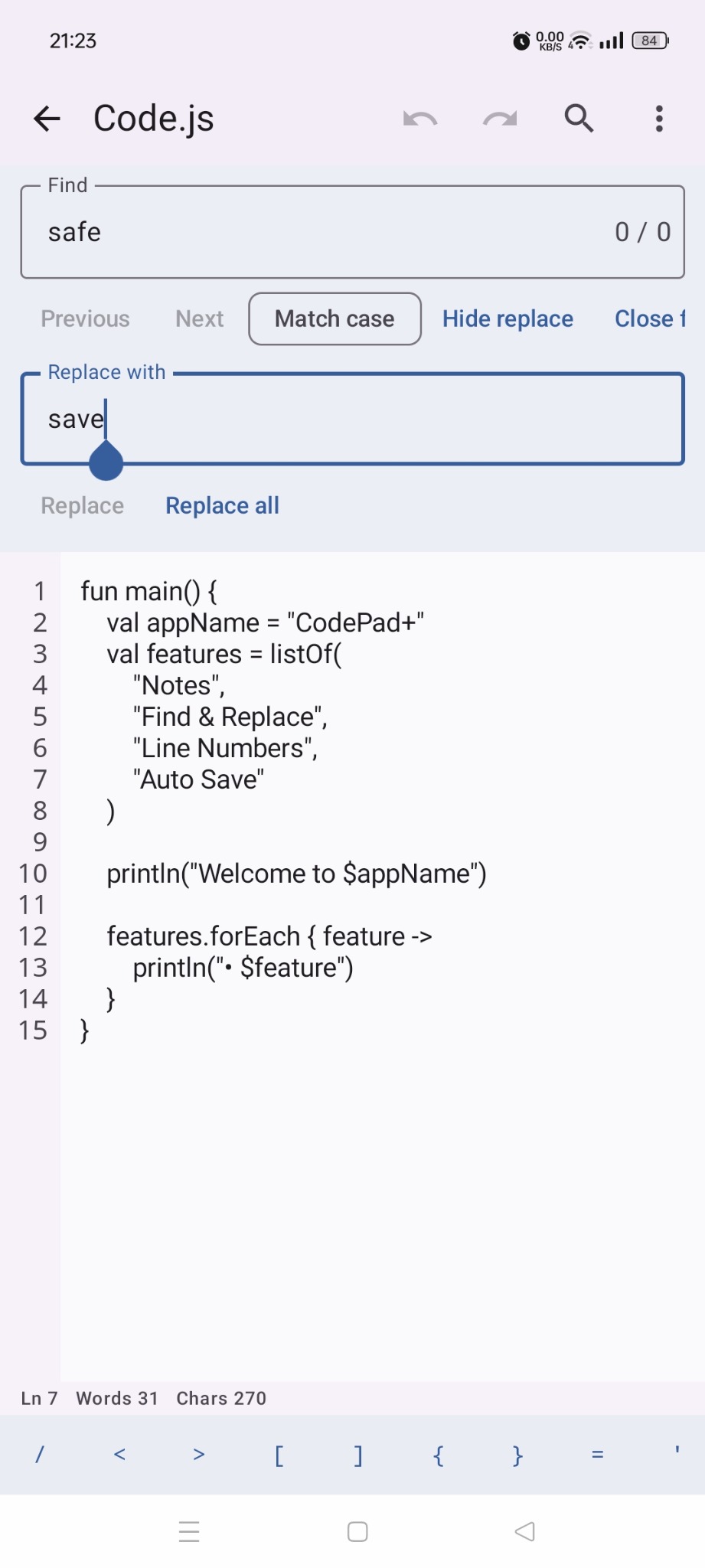 CodePad+ Find and Replace