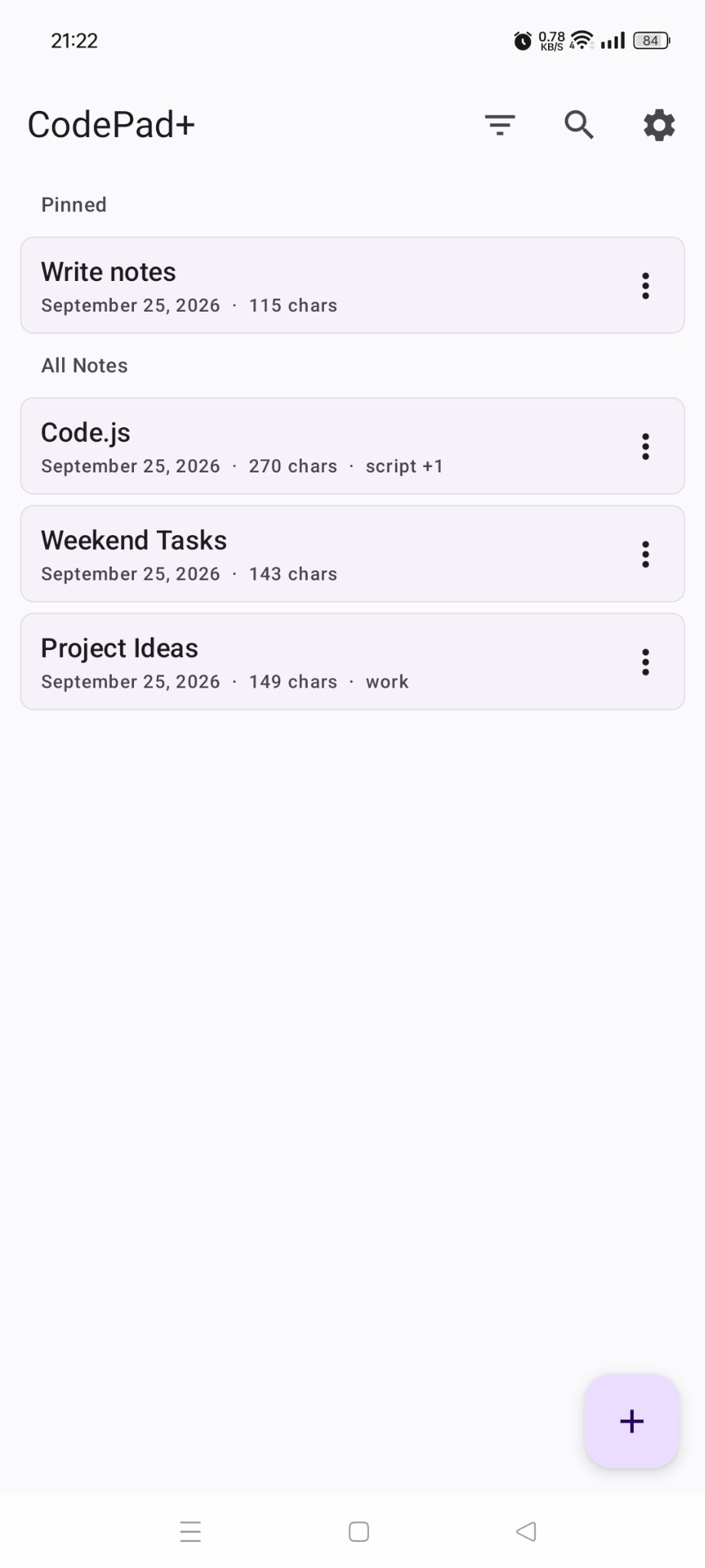 CodePad+ Home screen